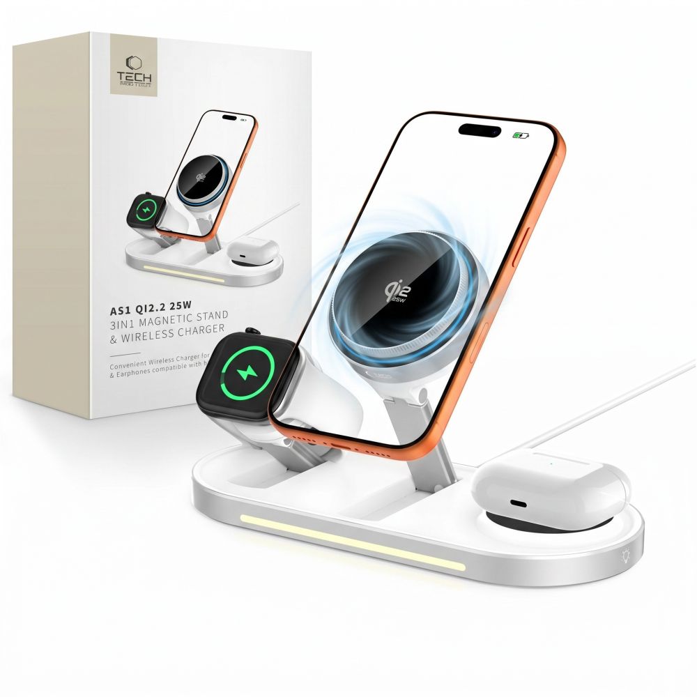 Tech Protect A51 Arcticboost 3 I 1 Magnetisk Mag Safe Trådløs Oplader 25 W Qi2.2 Hvid