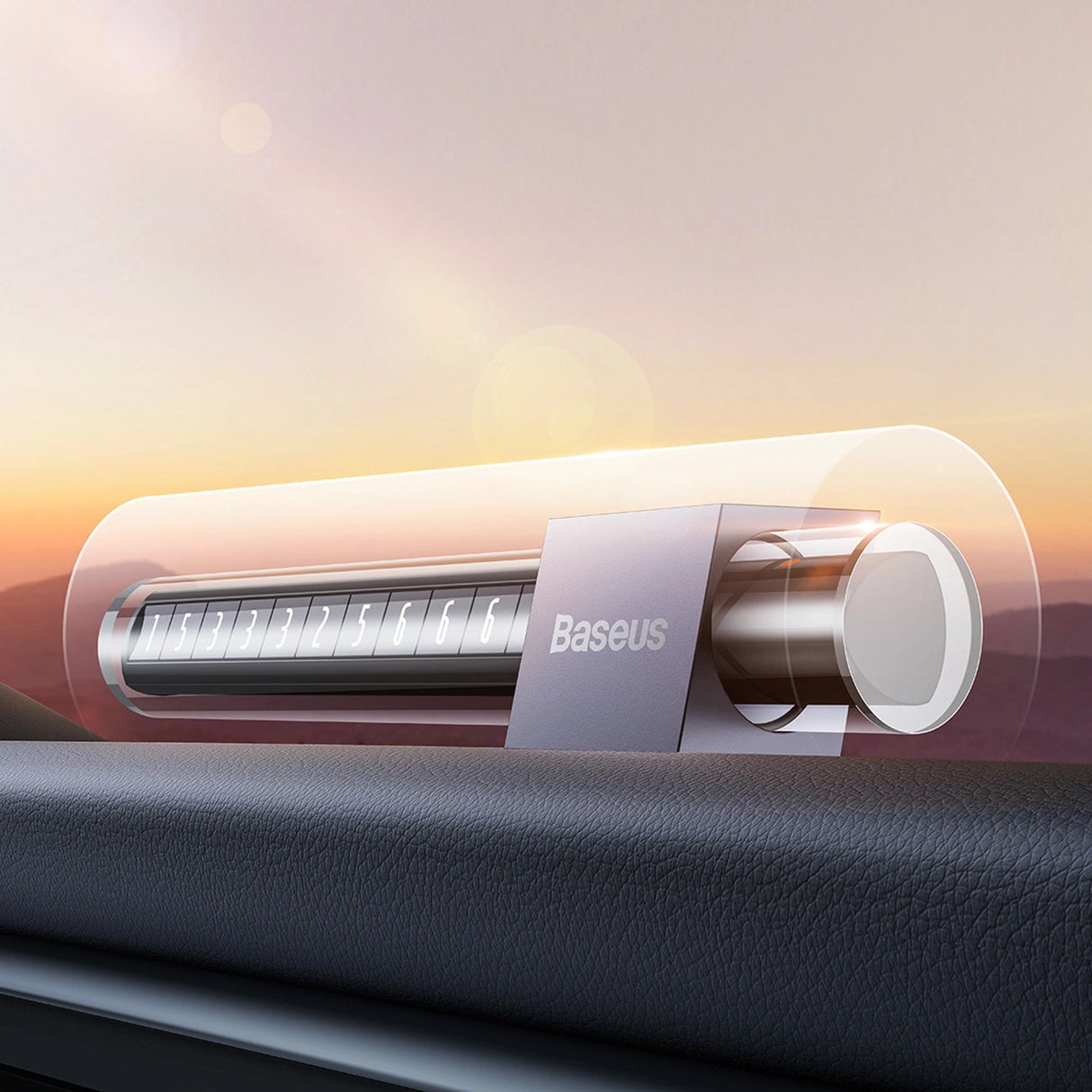 Baseus parkeringsskilt til telefonnummeret på det grå instrumentbræt