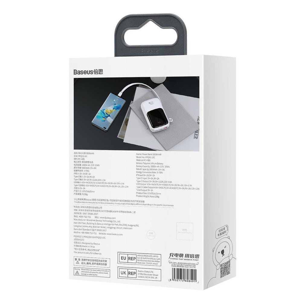 Baseus Qpow Digital Display powerbank with fast charging 10000mAh 22.5W QC/PD/SCP/FCP with built-in USB-C cable white