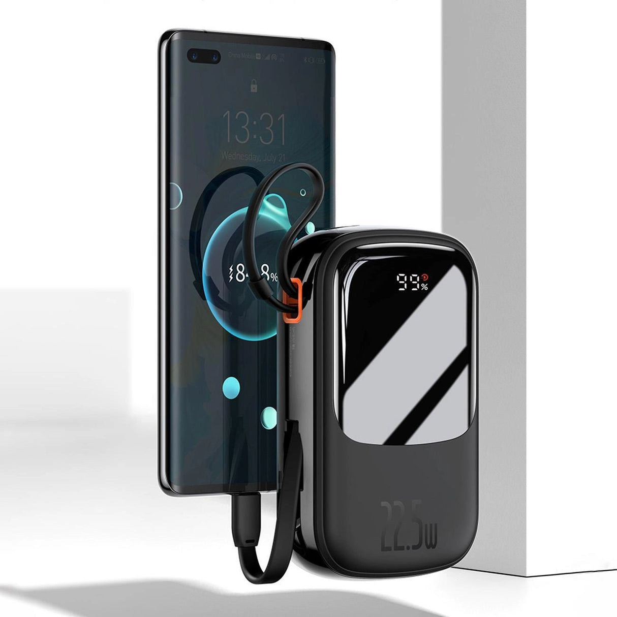 Baseus Qpow Digital Display powerbank med hurtig opladning 10000mAh 22.5W QC/PD/SCP/FCP med indbygget USB-C kabel hvid