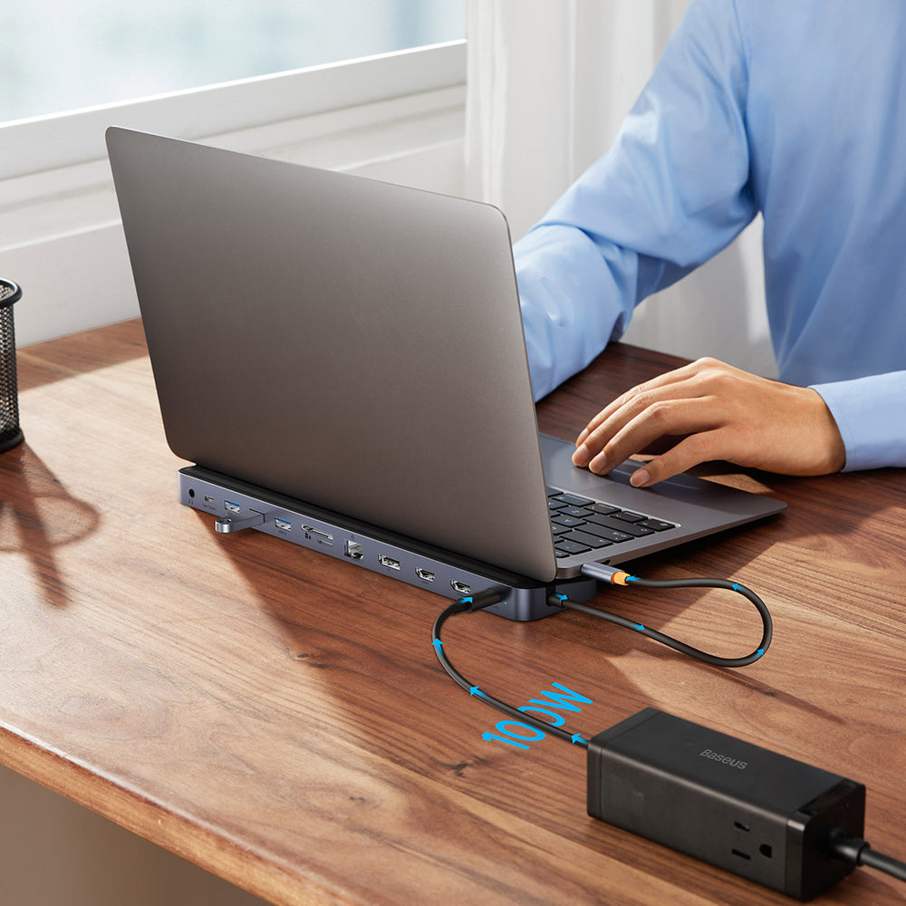 Baseus EliteJoy Gen2 Universal 12-in-1 USB HUB with 25cm USB-C Cable, Notebook Stand, USB-A / USB-C / DP / HDMI / SD / TF / RJ45 / 3.5mm Jack / PD 100W Gray (WKSX030213)