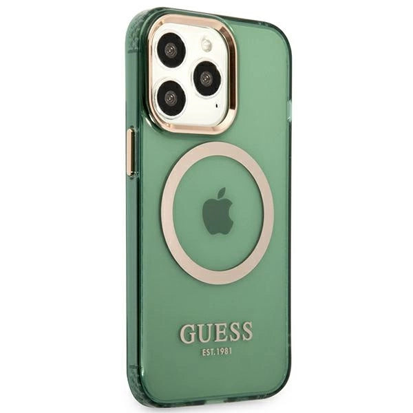 Guess GUHMP13LHTCMA iPhone 13 Pro / 13 6.1" green/khaki hard case Gold Outline Translucent MagSafe