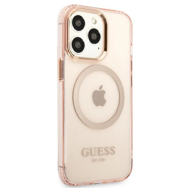 Guess GUHMP13LHTCMP iPhone 13 Pro / 13 6.1" pink/pink hard case Gold Outline Translucent MagSafe