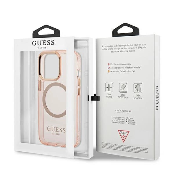 Guess GUHMP13LHTCMP iPhone 13 Pro / 13 6.1" pink/pink hard case Gold Outline Translucent MagSafe