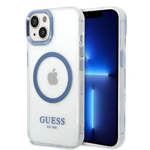 Guess Metal Outline MagSafe-hylster til iPhone 14 Plus - blå