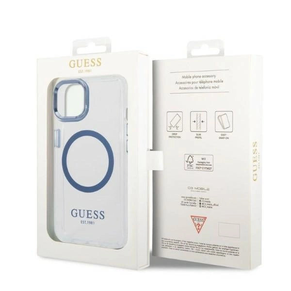 Guess Metal Outline MagSafe-hylster til iPhone 14 Plus - blå