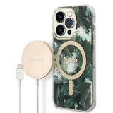 Set Guess GUBPP14LHJEACSA Case+ Charger iPhone 14 Pro 6.1" grøn/grøn hårdkasse Jungle MagSafe