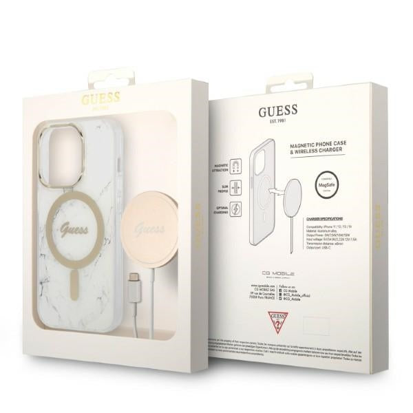 Guess GUBPP14LHMEACSH Case+ Charger Set iPhone 14 Pro 6.1" white/white hard case Marble MagSafe