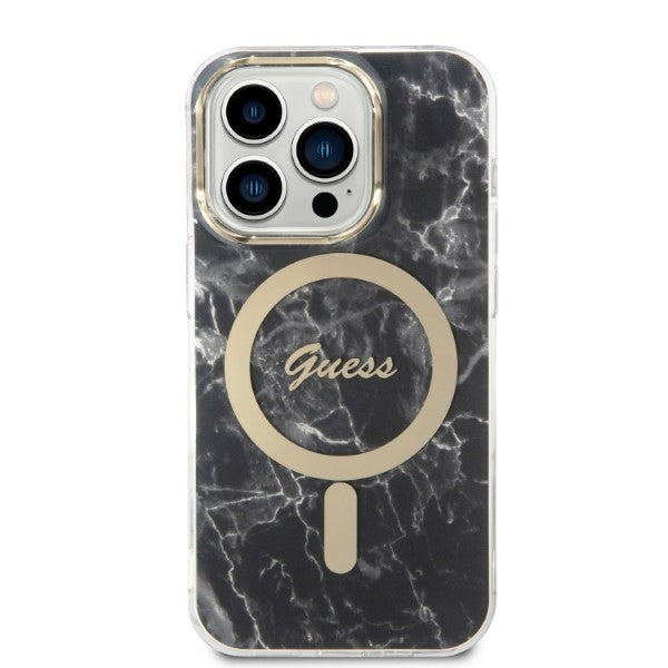 Set Guess GUBPP14XHMEACSK Case+ Charger iPhone 14 Pro Max 6.7" black/black hard case Marble MagSafe