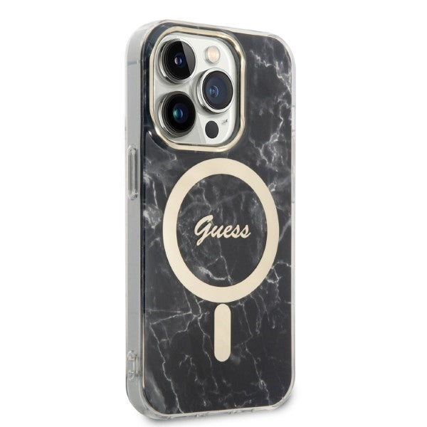 Set Guess GUBPP14XHMEACSK Case+ Charger iPhone 14 Pro Max 6.7" black/black hard case Marble MagSafe