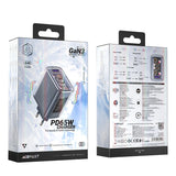Acefast oplader GaN 65W 3 porte (1xUSB, 2xUSB C) grå (A45)