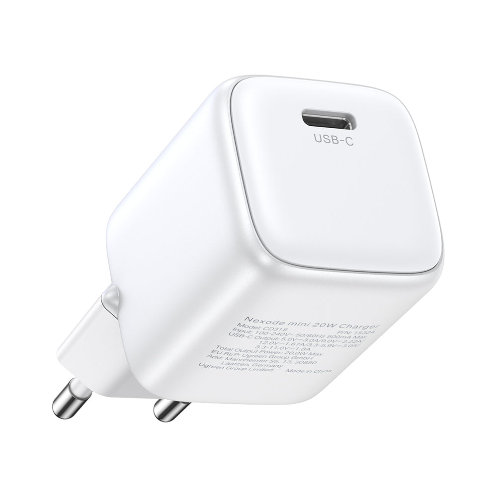 Ugreen Nexode mini CD318 15324 GaN 20W USB-C PD 3.0 / QC 4.0 netværksoplader - hvid