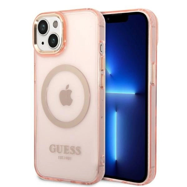 Guess GUHMP14SHTCMP iPhone 14 6.1" pink/pink hårdkasse Gold Outline Translucent MagSafe