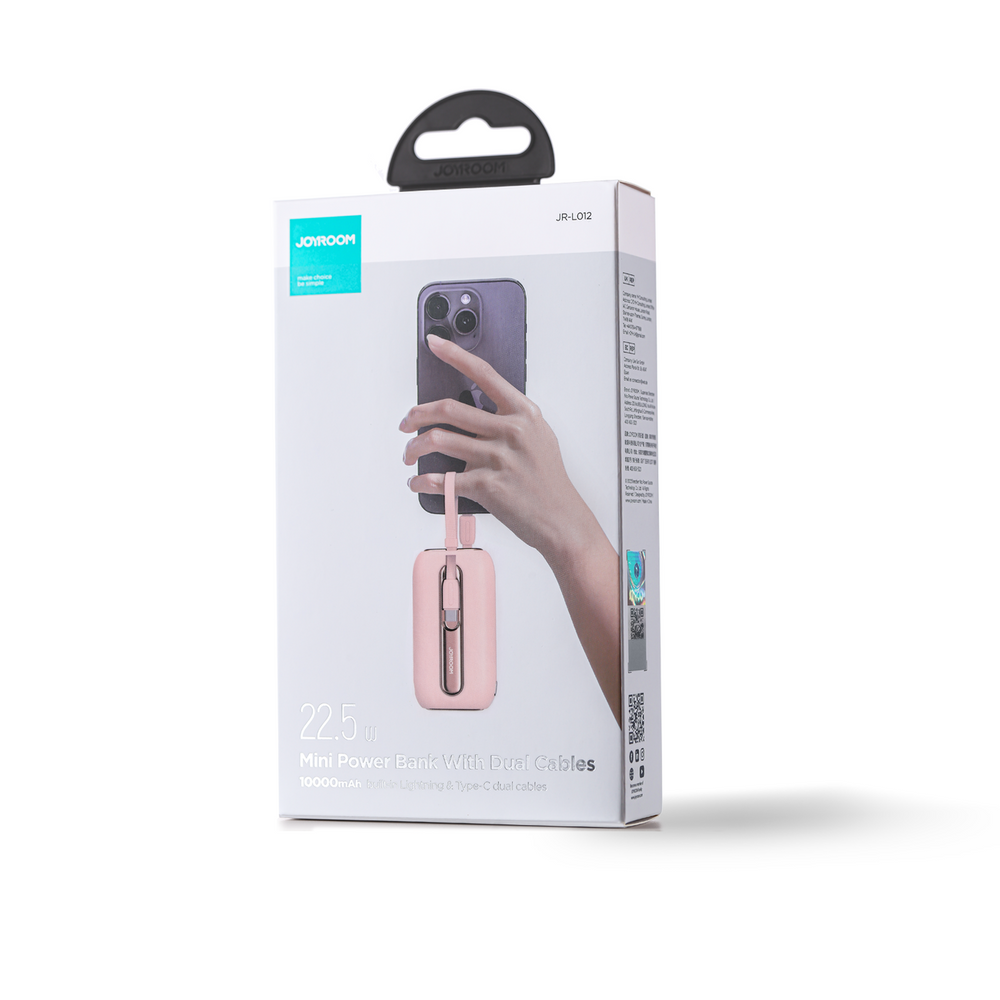 Joyroom mini powerbank 10000mAh Colorful Series 22.5W med 2 indbyggede USB C og Lightning kabler pink (JR-L012)