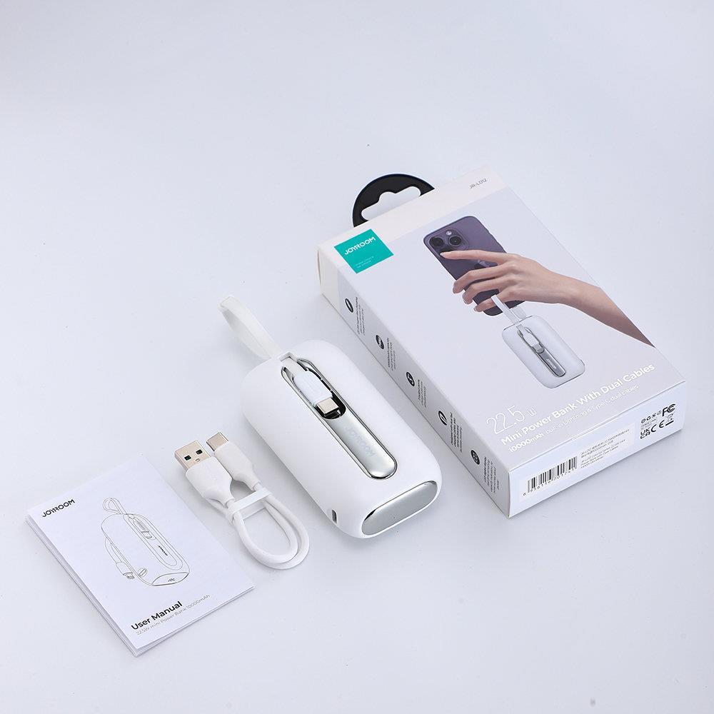 Joyroom mini powerbank 10000mAh Colorful Series 22.5W med 2 indbyggede USB C og Lightning kabler hvid (JR-L012)