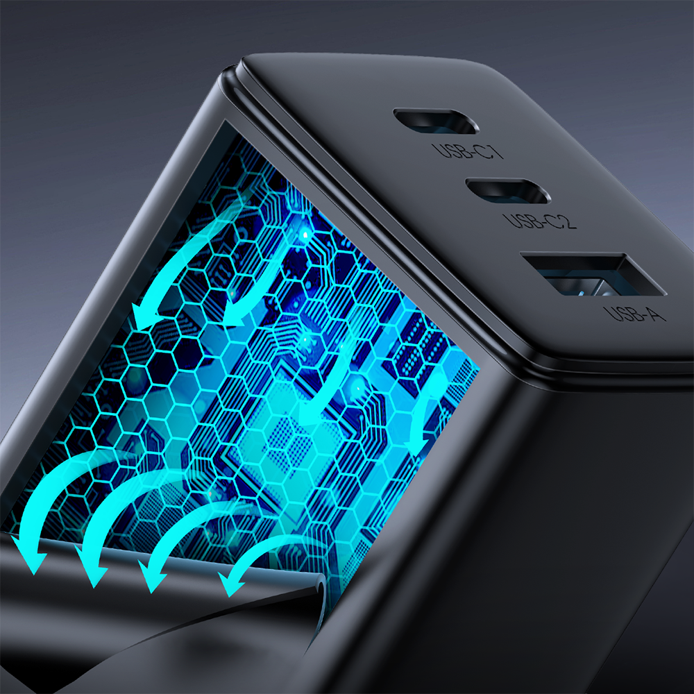 Joyroom hurtig GaN oplader 65W USB-A, 2x USB-C sort + USB-C - USB-C kabel 100W 1,2m (TCG01)