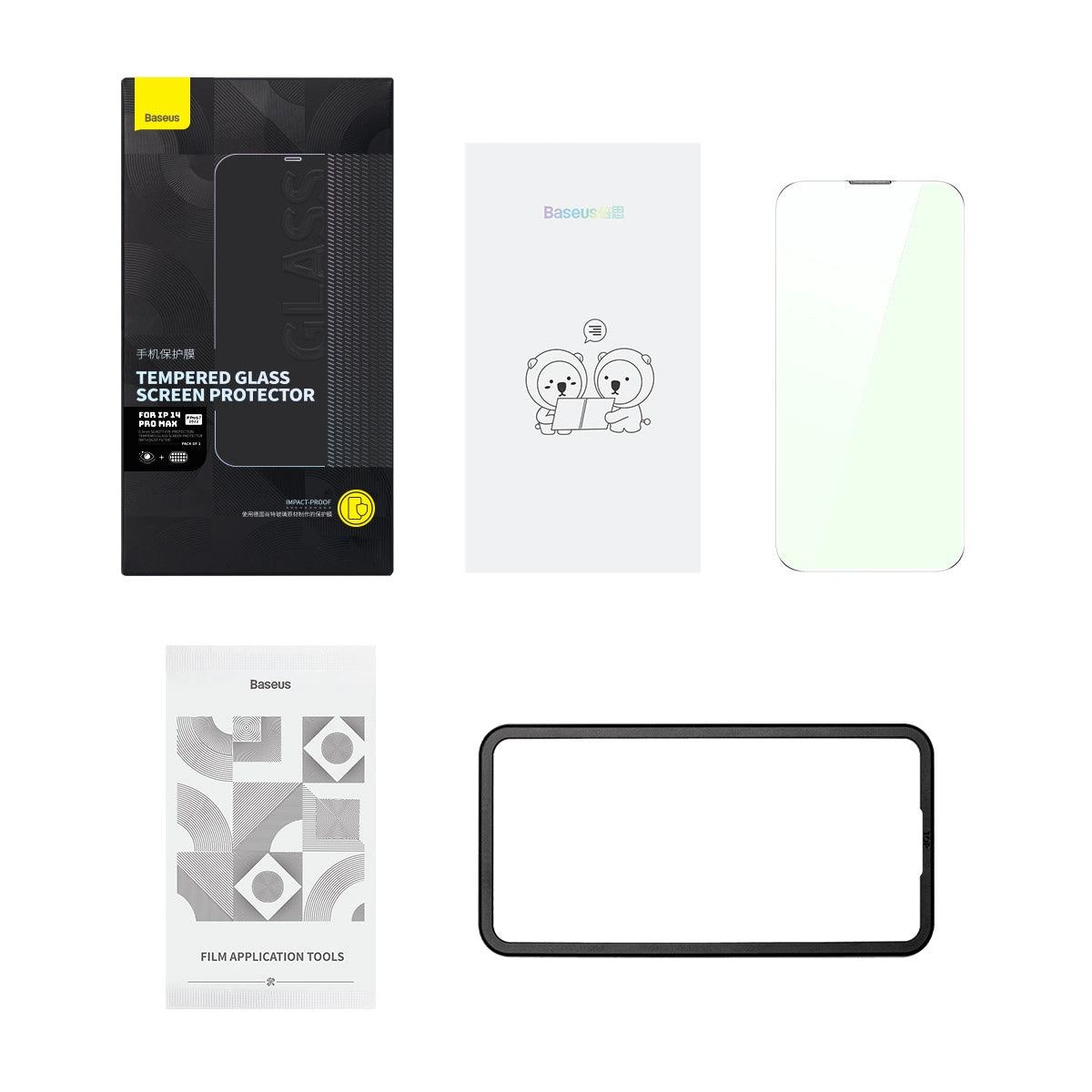 Baseus Full Screen Tempered Glass til iPhone 14 Pro Max med Anti Blue Light Filter og 0.3mm Speaker Cover + Montering Frame