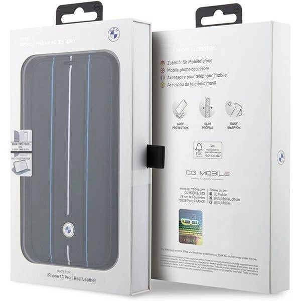 Case BMW BMBKP14L22RVSK iPhone 14 Pro 6.1" sort/sort bogreol læder Stamp Blue Lines