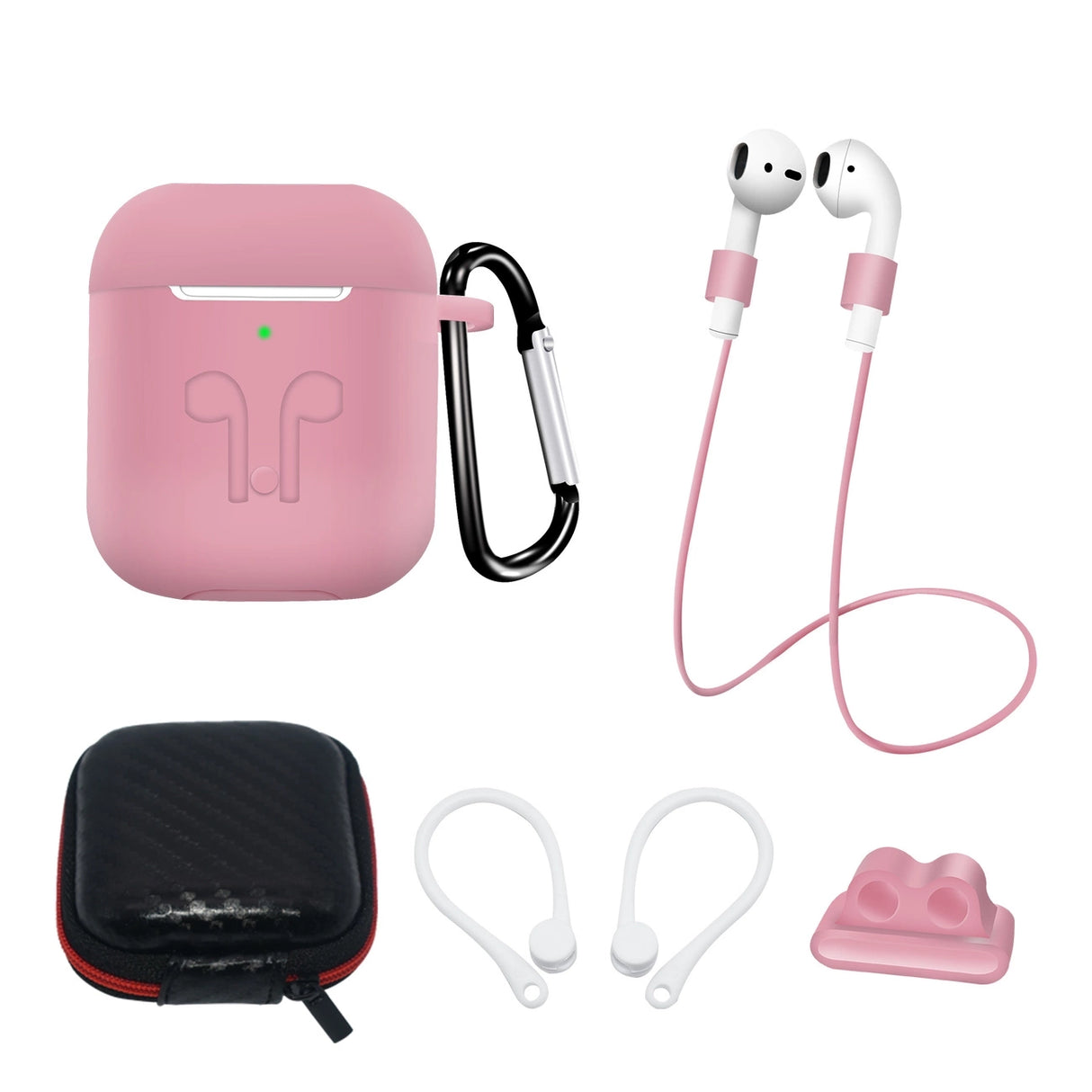 Sæt af AirPods 2 / AirPods 1 silikonhylster + hylster / ørekrog / halsrem / urremmeholder / karabiner - lyserød