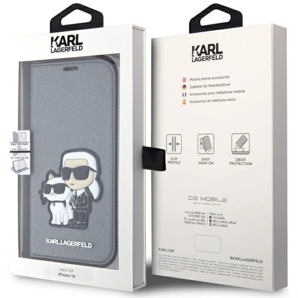 Karl Lagerfeld KLBKP14SSANKCPG iPhone 14 6.1" bookcase silver/silver Saffiano Karl & Choupette