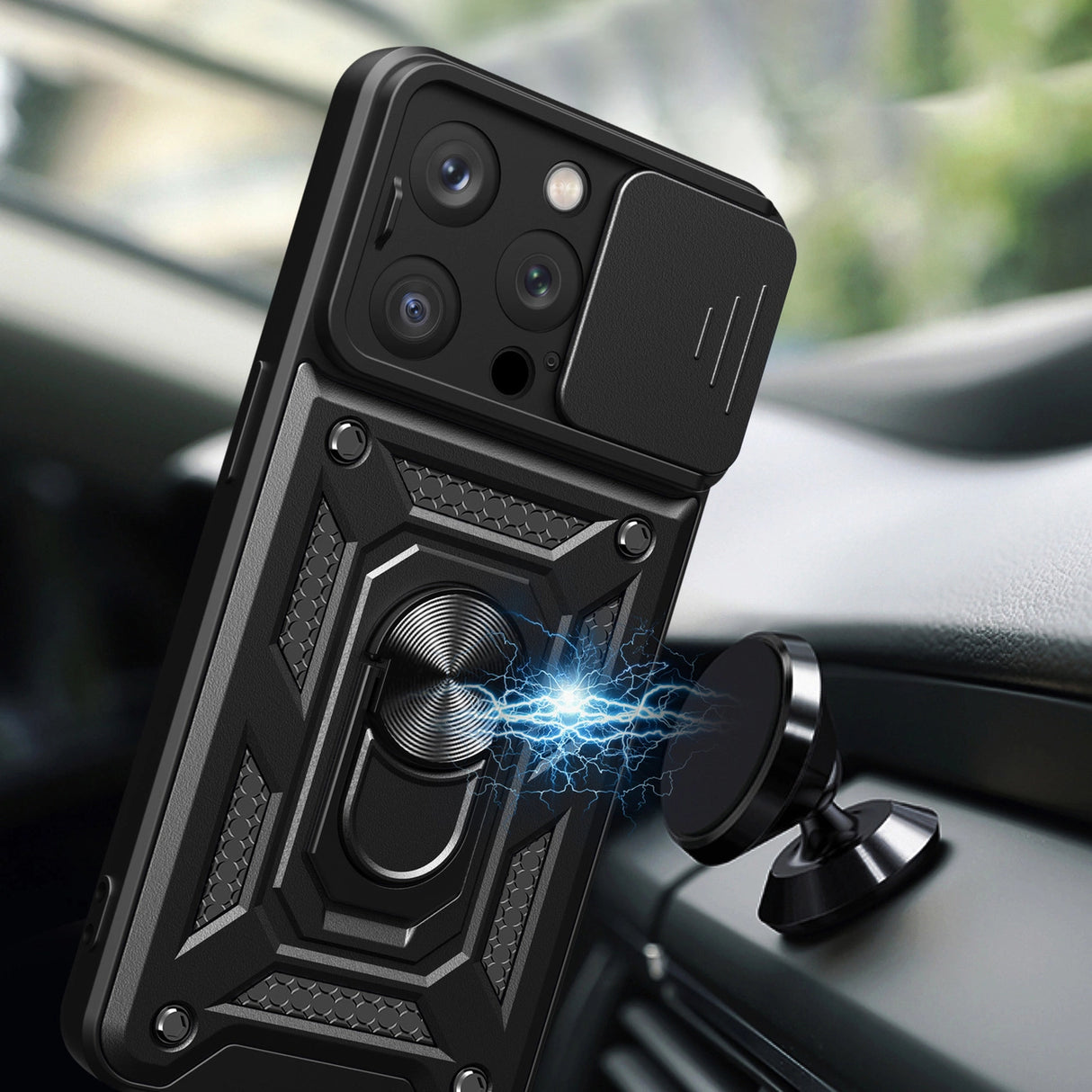 Hybrid Armor Camshield iPhone 15 Pro Case med Kickstand og Camera Cover - Blå