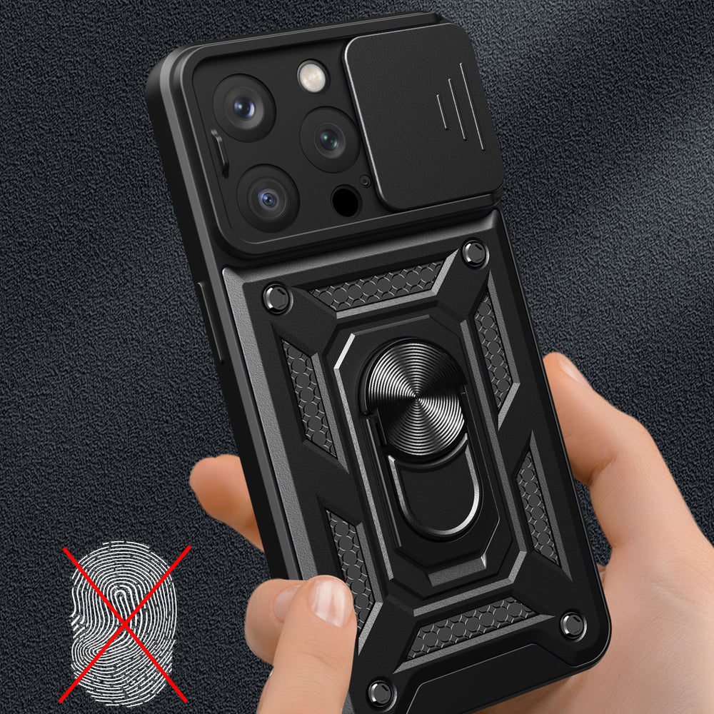 Hybrid Armor Camshield iPhone 15 Pro Case med Kickstand og Camera Cover - Blå