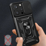 Hybrid Armor Camshield iPhone 15 Pro Case med Kickstand og Camera Cover - Blå