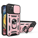 Hybrid Armor Camshield Case med Stand og Camera Cover til iPhone 15 Plus - Pink