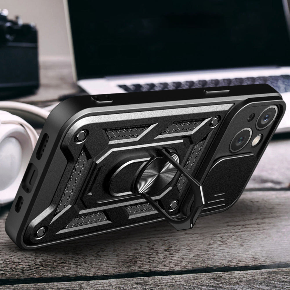 Hybrid Armor Camshield Case med Stand og Camera Cover til iPhone 15 Plus - sort