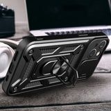 Hybrid Armor Camshield Case med Stand og Camera Cover til iPhone 15 Plus - sort
