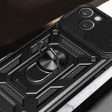 Hybrid Armor Camshield Case med Stand og Camera Cover til iPhone 15 Plus - sort
