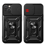 Hybrid Armor Camshield Case med Stand og Camera Cover til iPhone 15 Plus - sort