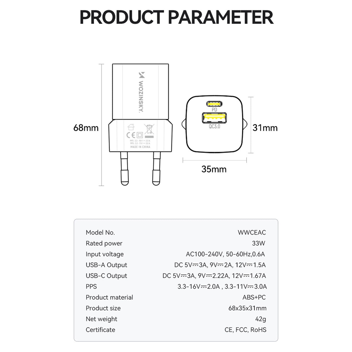 Wozinsky WWCEAC GaN USB-A USB-C 33W vægoplader - hvid