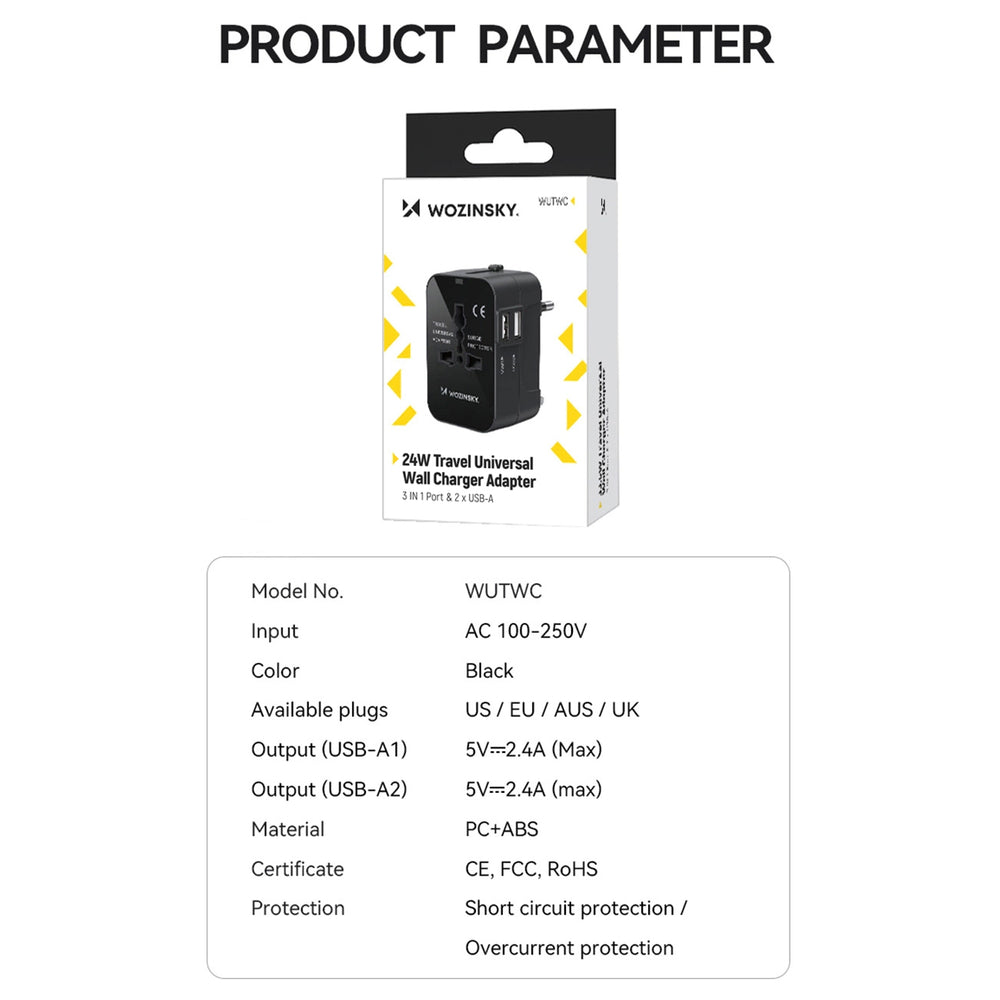 Wozinsky WUTWC rejseadapter universel 24W EU / US / AUS / UK / 2x USB-A - sort