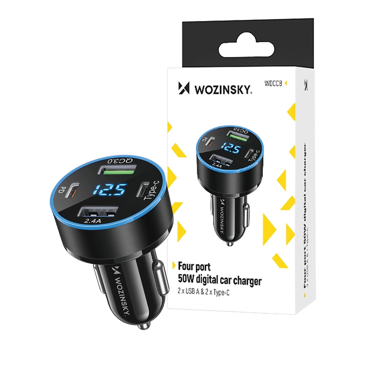 Wozinsky WDCCB Biloplader med skærm 50W 2xUSB-C / 2xUSB-A - sort