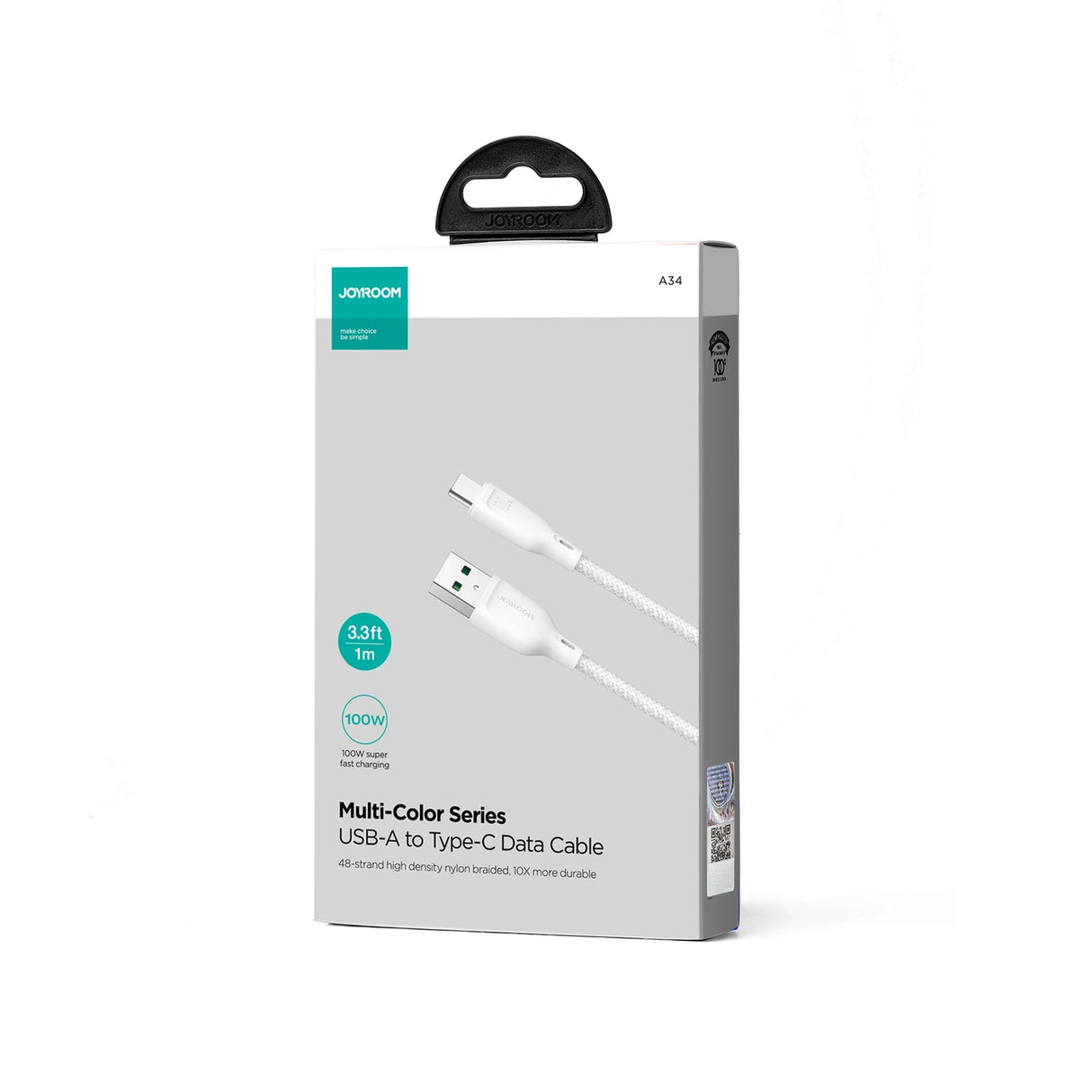Joyroom Multi-Color Series S-A34 USB-A / USB-C 100W Kabel 1m - Hvid