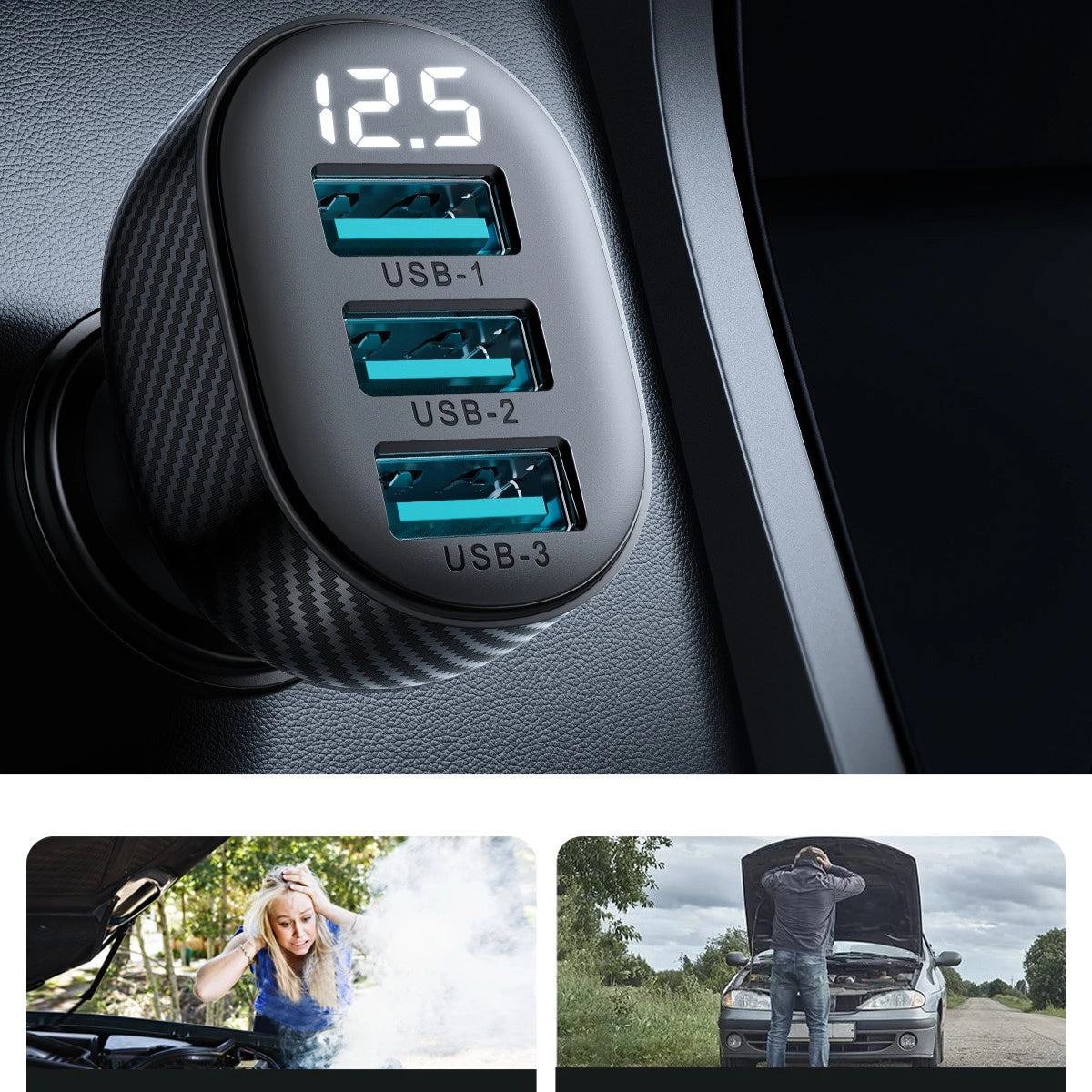 Joyroom JR-CCD03 3.4A biloplader med 3x USB-A display - sort