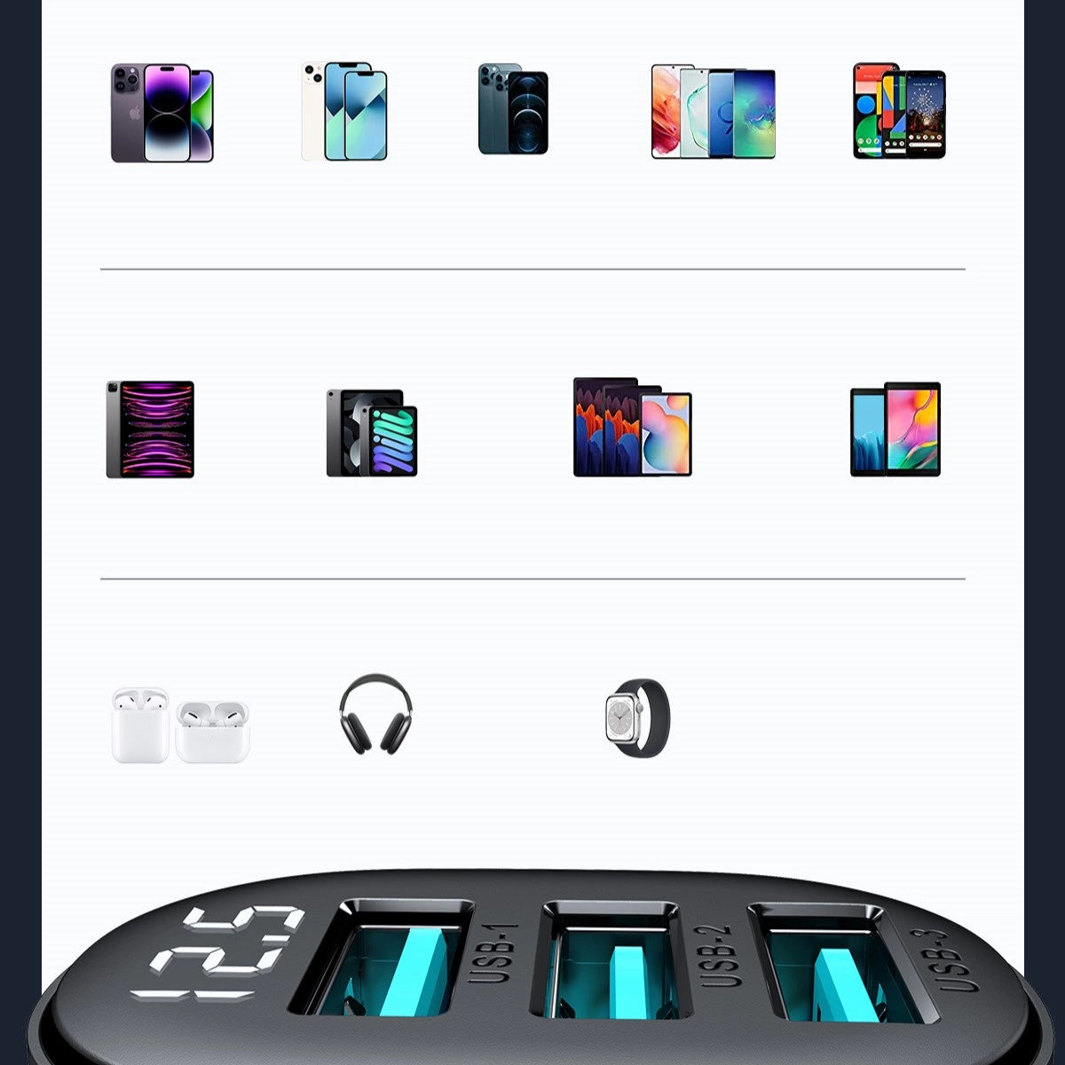 Joyroom JR-CCD03 3.4A biloplader med 3x USB-A display - sort