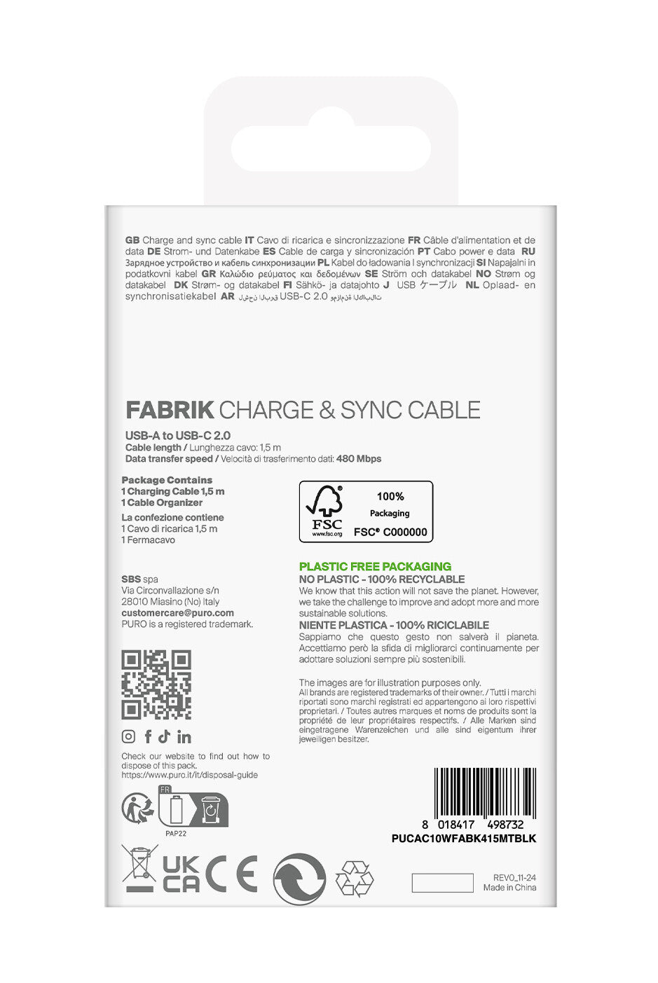 PURO PUCAC10WFABK415MTBLK USB-kabel USB 2.0 1,5 m USB A USB C Sort