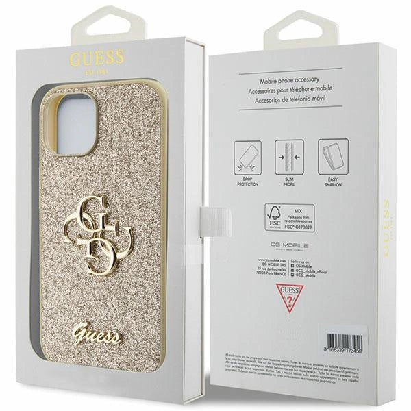 Guess Glitter Script Big 4G iPhone 15 Case - Gold