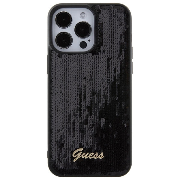 Guess Sequin Script Metallæske til iPhone 15 Pro Max - sort