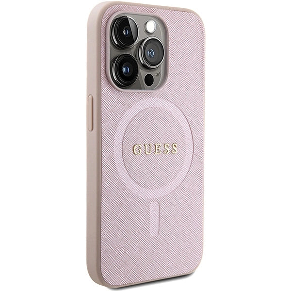 Guess Saffiano MagSafe-fodral til iPhone 15 Pro - pink