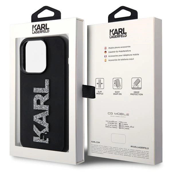 Karl Lagerfeld 3D Rubber Glitter Logo iPhone 15 Pro Case - Black