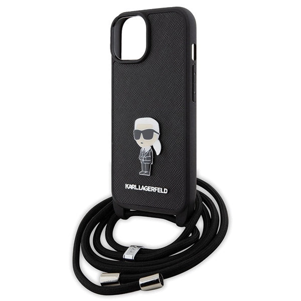 Karl Lagerfeld Crossbody Saffiano Monogram Metal Pin Karl & Choupette Case for iPhone 15 - Black