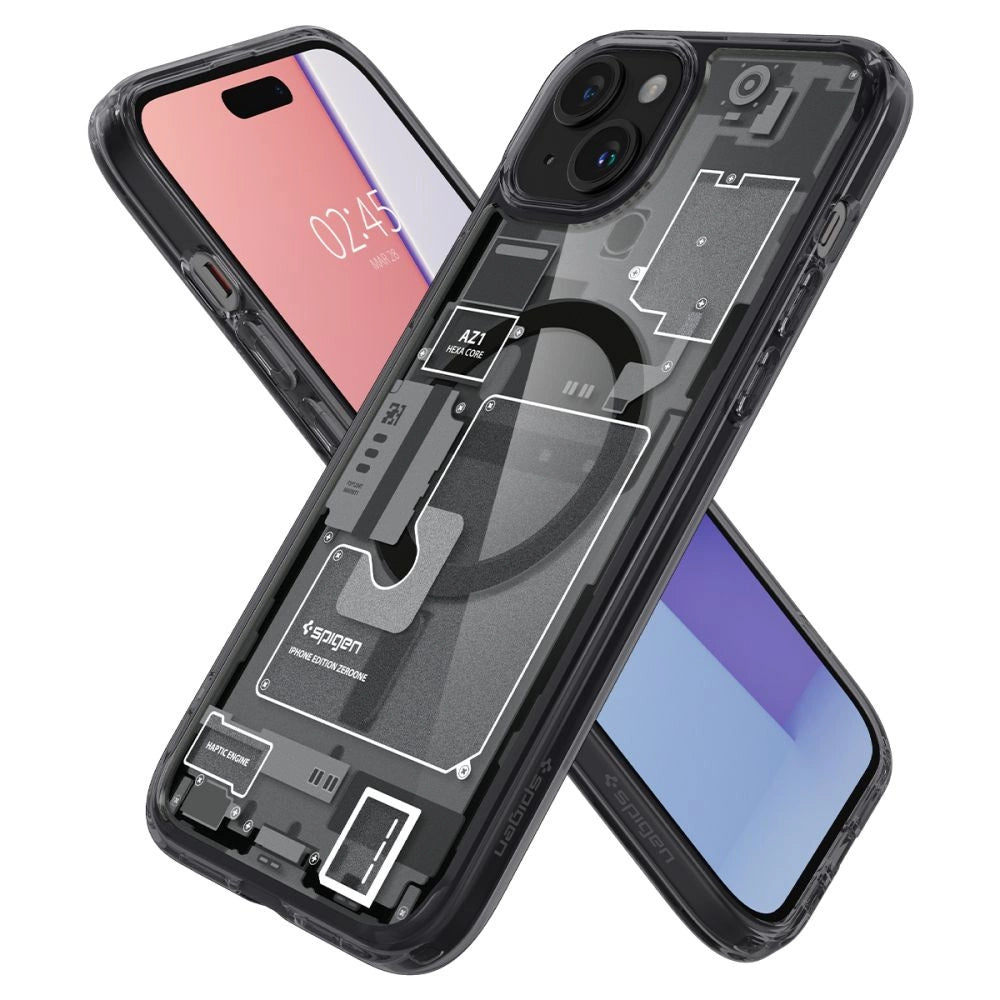Spigen Ultra Hybrid Mag Case med MagSafe til iPhone 15 Plus - mørkgrå (Zero One mønster)