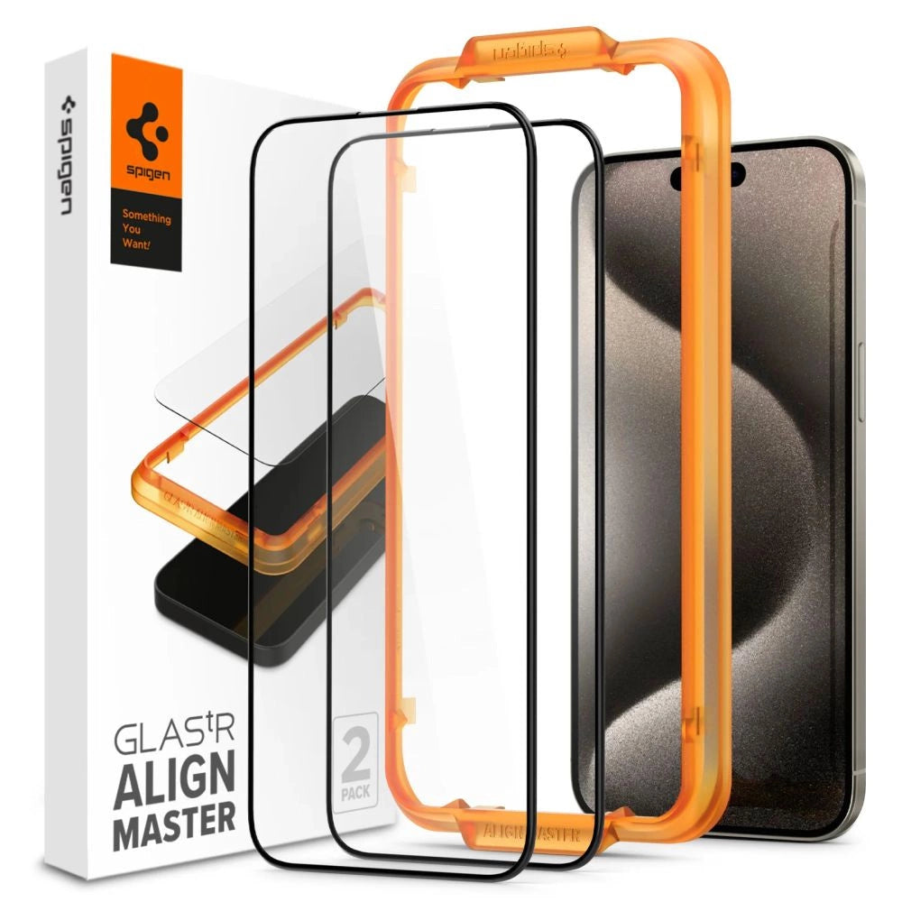Spigen ALM Glass FC hærdet glas til iPhone 15 Pro Max - sort 2 stk.
