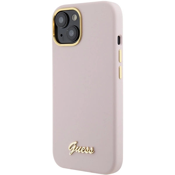 Guess Silicone Script Metal Logo & Frame case for iPhone 15 - pink