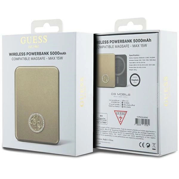 Guess MagSafe 4G Strassed Metal Logo induktion strømbank 15W 5000mAh - guld