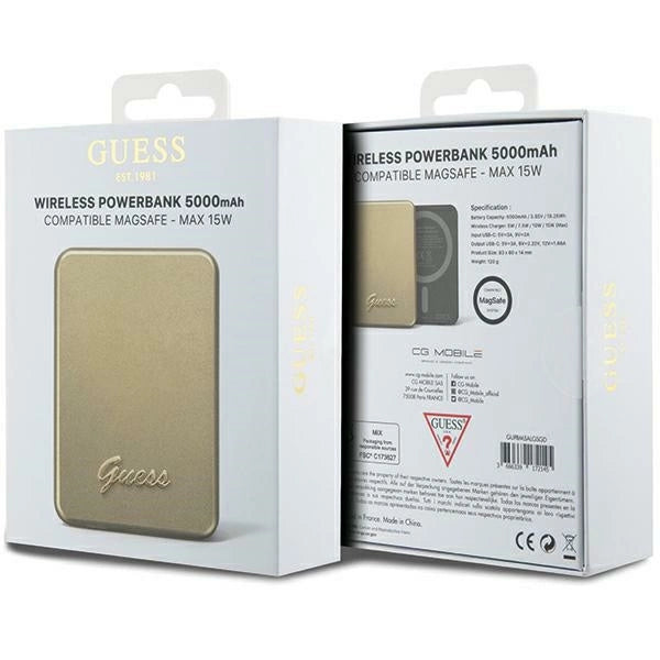 Guess MagSafe Metal Script Induktion Power Bank 15W 5000mAh - guld