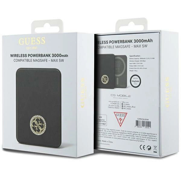 Guess MagSafe 4G Strassed Metal Logo induktions strømbank 5W 3000mAh - sort
